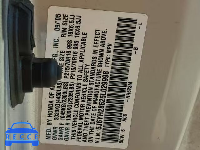 2005 HONDA ELEMENT EX 5J6YH28625L029998 зображення 9