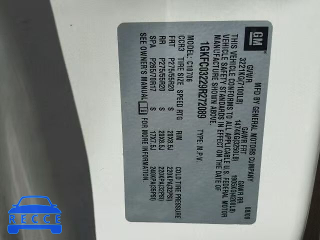 2009 GMC YUKON DENA 1GKFC03229R272089 image 9