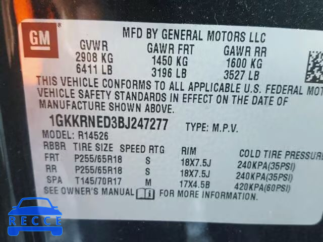 2011 GMC ACADIA SLE 1GKKRNED3BJ247277 зображення 9