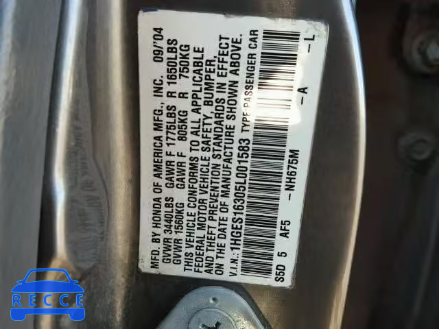 2005 HONDA CIVIC DX V 1HGES16305L001583 image 9