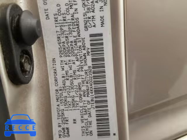 2004 TOYOTA 4RUNNER SR JTEBU14RX40023928 зображення 9
