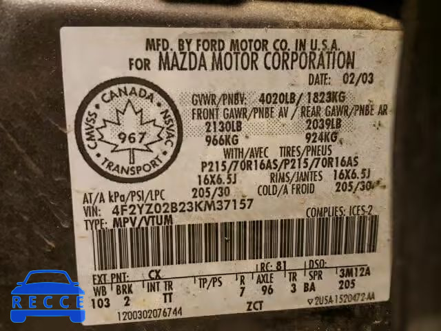 2003 MAZDA TRIBUTE DX 4F2YZ02B23KM37157 image 9