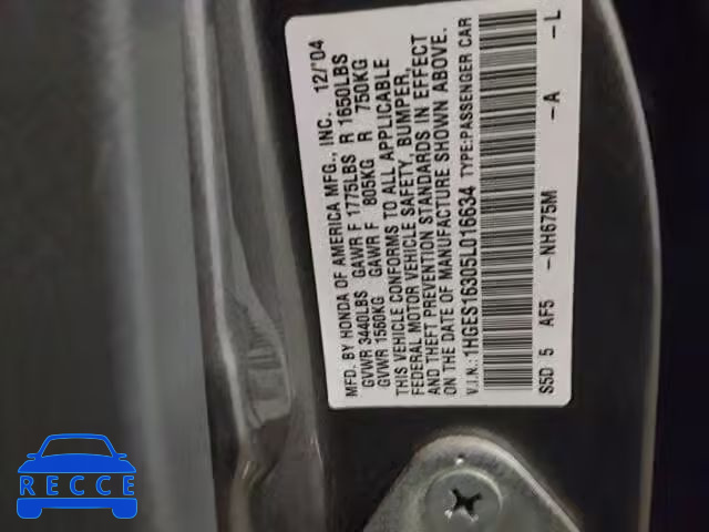 2005 HONDA CIVIC DX V 1HGES16305L016634 image 9