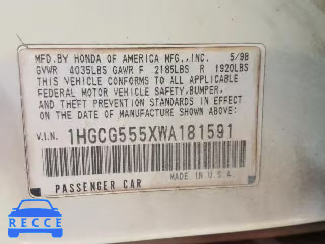 1998 HONDA ACCORD EX 1HGCG555XWA181591 image 9