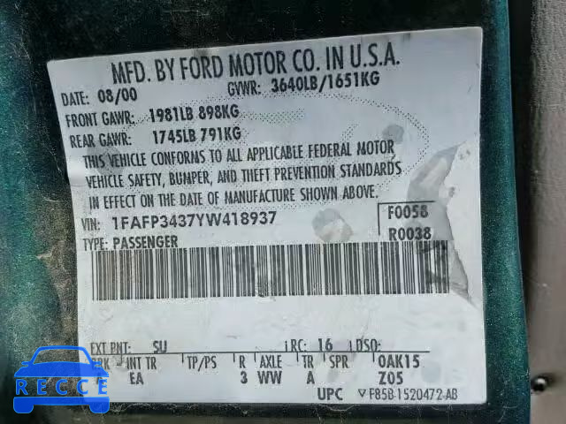 2000 FORD FOCUS SE/S 1FAFP3437YW418937 Bild 9