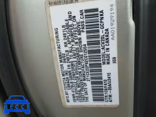 2002 TOYOTA CAMRY SOLA 2T1CE22P62C012554 image 9