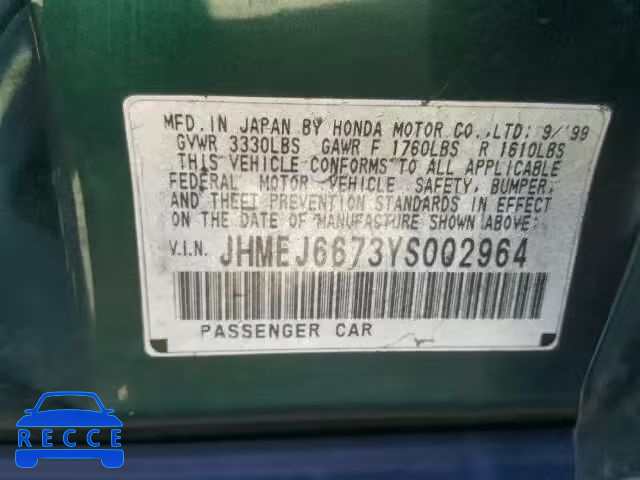 2000 HONDA CIVIC LX JHMEJ6673YS002964 image 9