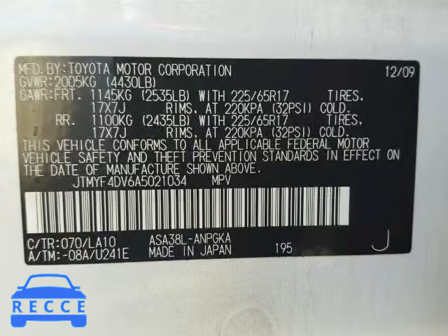 2010 TOYOTA RAV4 LTD JTMYF4DV6A5021034 image 9