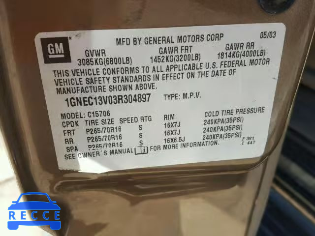 2003 CHEVROLET TAHOE C150 1GNEC13V03R304897 image 9