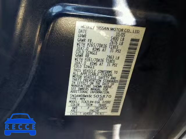 2006 NISSAN XTERRA 4.0 5N1AN08WX6C505870 image 9