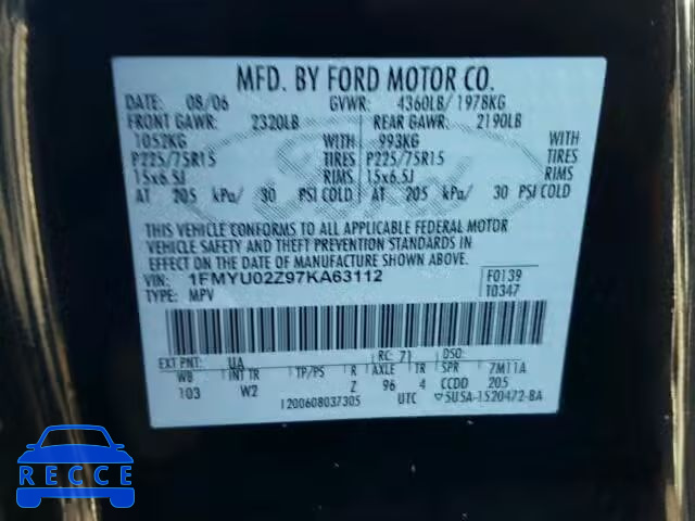 2007 FORD ESCAPE XLS 1FMYU02Z97KA63112 image 9