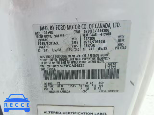 1998 FORD F250 2FTRF2767WCA84525 image 9