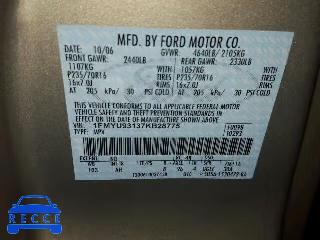 2007 FORD ESCAPE XLT 1FMYU93137KB28775 image 9