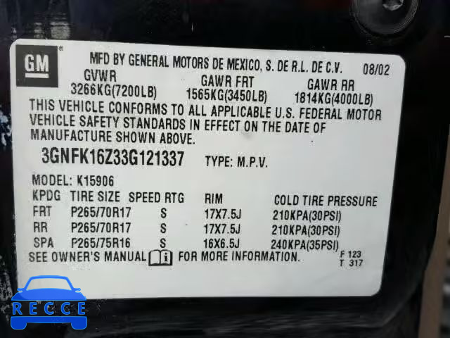 2003 CHEVROLET K1500 SUBU 3GNFK16Z33G121337 image 9