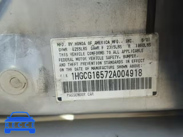 2002 HONDA ACCORD EX 1HGCG16572A004918 image 9
