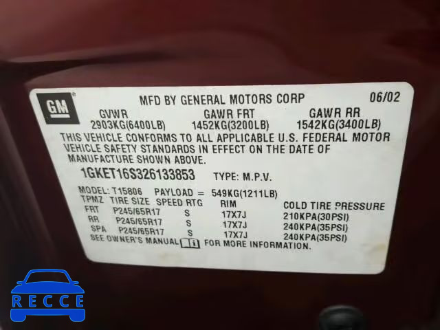 2002 GMC ENVOY XL 1GKET16S326133853 Bild 9