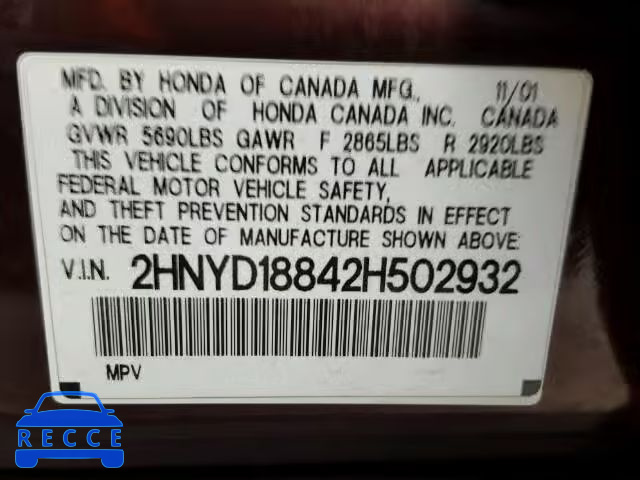 2002 ACURA MDX Touring 2HNYD18842H502932 image 9