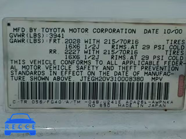 2001 TOYOTA RAV4 JTEGH20V310008380 image 9