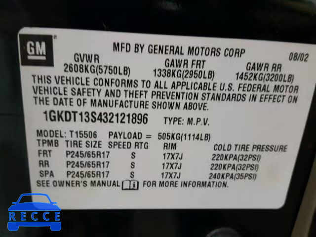 2003 GMC ENVOY 1GKDT13S432121896 Bild 9