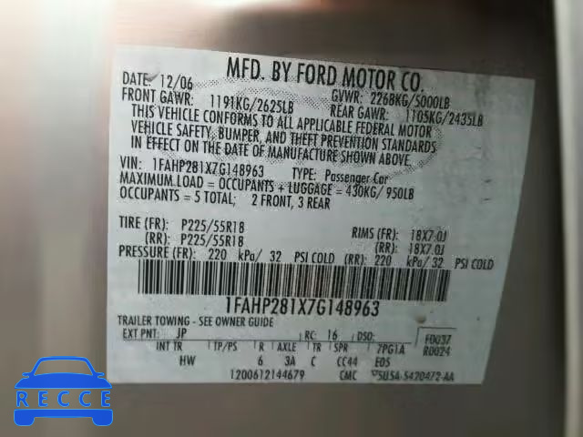 2007 FORD FIVE HUNDR 1FAHP281X7G148963 image 9