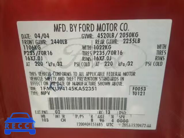 2005 FORD ESCAPE LIM 1FMYU94145KA52351 image 9