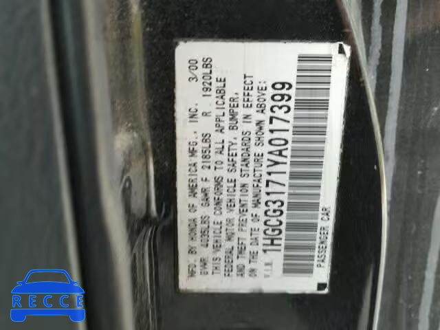 2000 HONDA ACCORD EX 1HGCG3171YA017399 image 9