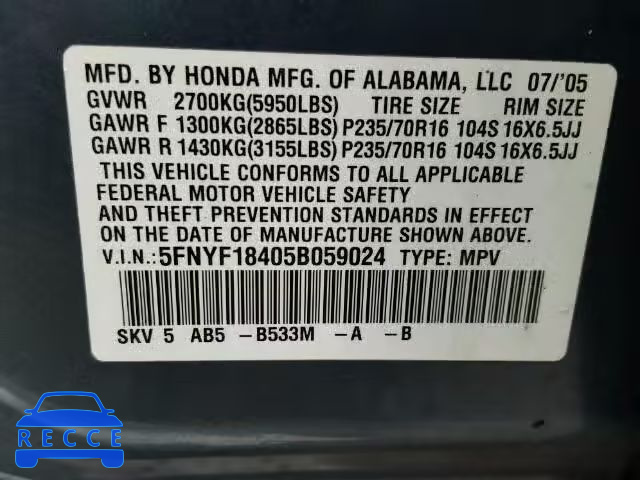 2005 HONDA PILOT EX 5FNYF18405B059024 image 9