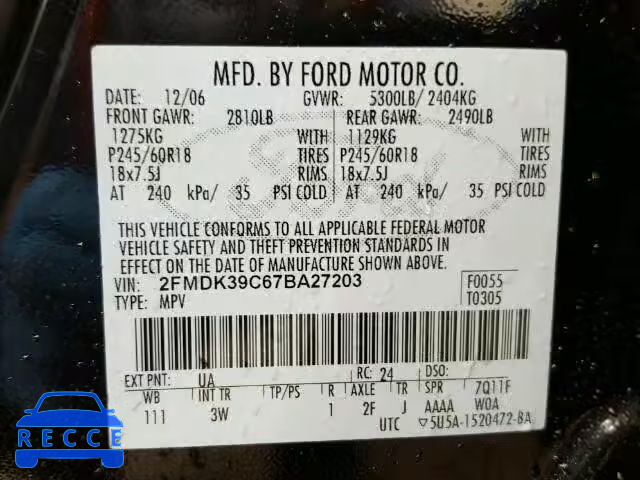 2007 FORD EDGE SEL P 2FMDK39C67BA27203 зображення 9