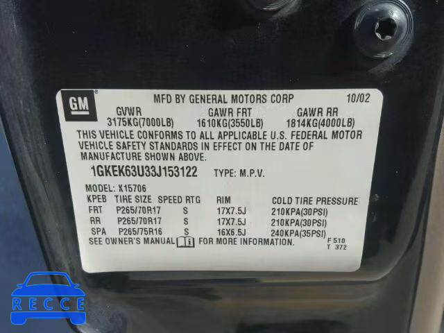 2003 GMC YUKON DENA 1GKEK63U33J153122 image 9