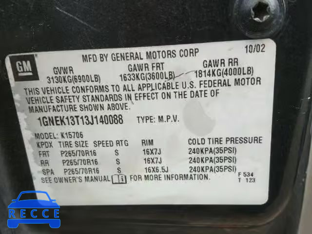 2003 CHEVROLET TAHOE K150 1GNEK13T13J140088 image 9