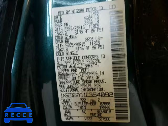 2001 NISSAN FRONTIER X 1N6ED26Y11C354092 зображення 9