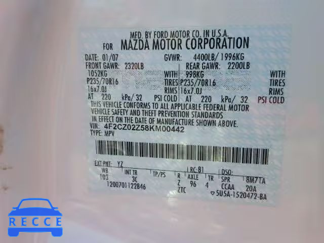 2008 MAZDA TRIBUTE I 4F2CZ02Z58KM00442 зображення 9