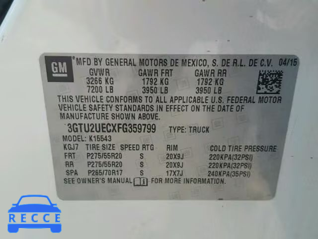 2015 GMC SIERRA K15 3GTU2UECXFG359799 image 9