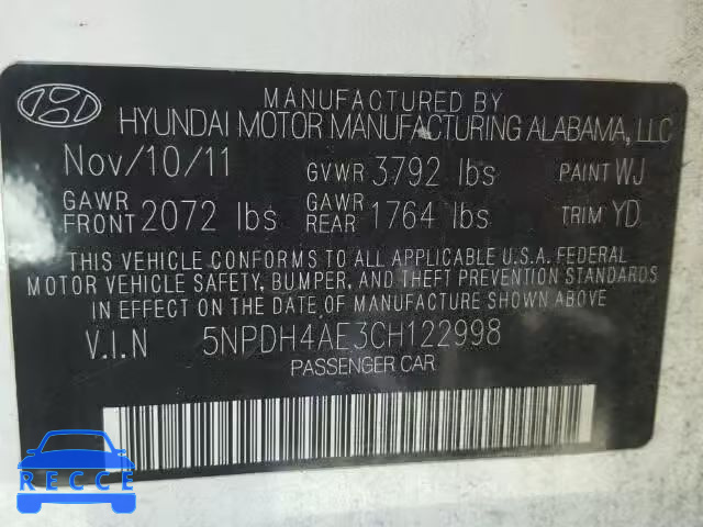 2012 HYUNDAI ELANTRA GL 5NPDH4AE3CH122998 image 9