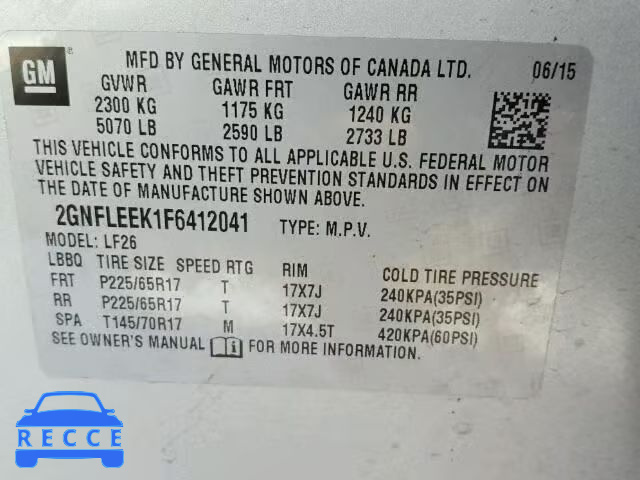 2015 CHEVROLET EQUINOX LS 2GNFLEEK1F6412041 image 9