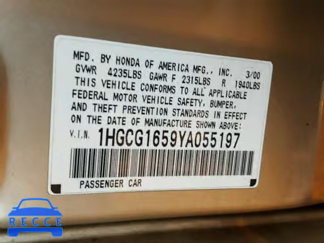 2000 HONDA ACCORD EX 1HGCG1659YA055197 image 9