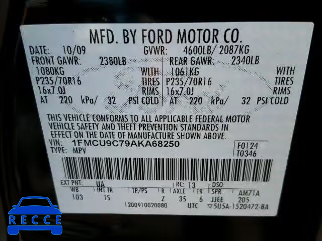 2010 FORD ESCAPE XLS 1FMCU9C79AKA68250 image 9