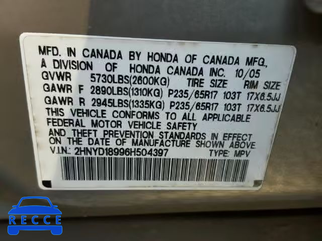 2006 ACURA MDX Touring 2HNYD18996H504397 image 9