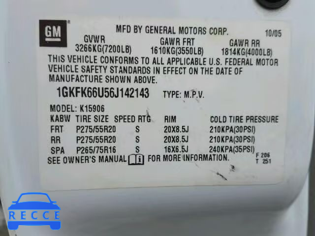 2006 GMC YUKON DENA 1GKFK66U56J142143 image 9