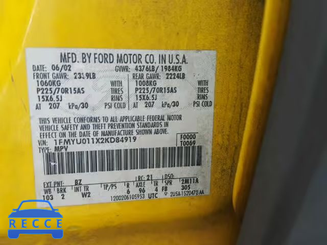 2002 FORD ESCAPE XLS 1FMYU011X2KD84919 image 9