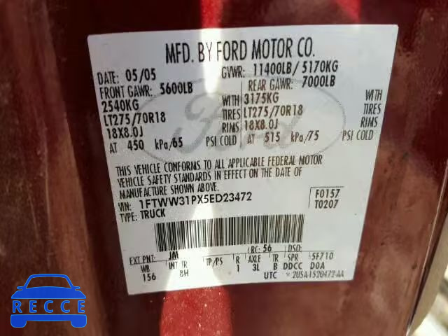 2005 FORD F350 SUPER 1FTWW31PX5ED23472 image 9