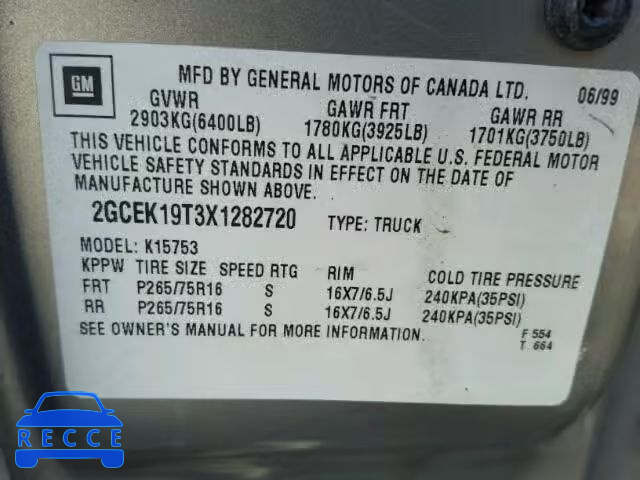 1999 CHEVROLET SILVERADO 2GCEK19T3X1282720 image 9