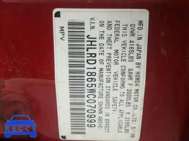 1998 HONDA CR-V EX JHLRD1865WC070999 image 9