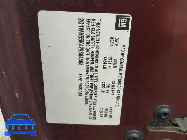 2002 CHEVROLET IMPALA LS 2G1WH55K429304508 image 9