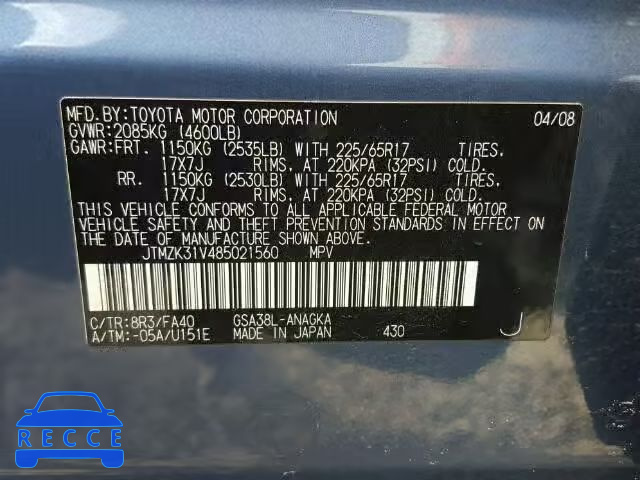 2008 TOYOTA RAV4 LTD JTMZK31V485021560 image 9