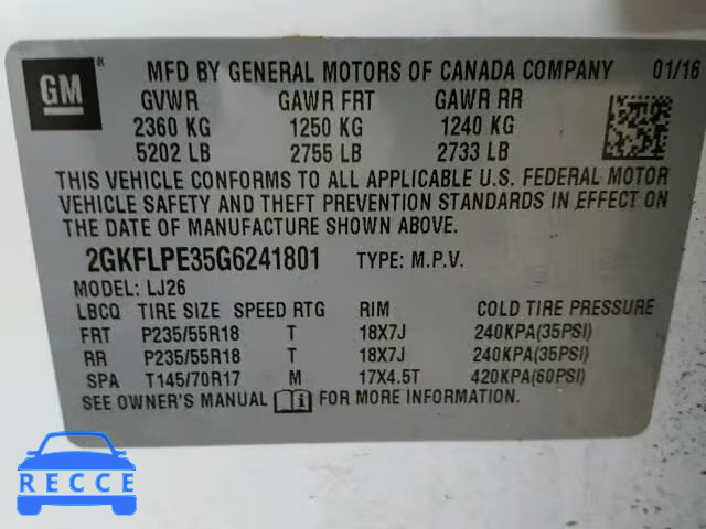 2016 GMC TERRAIN SL 2GKFLPE35G6241801 image 9