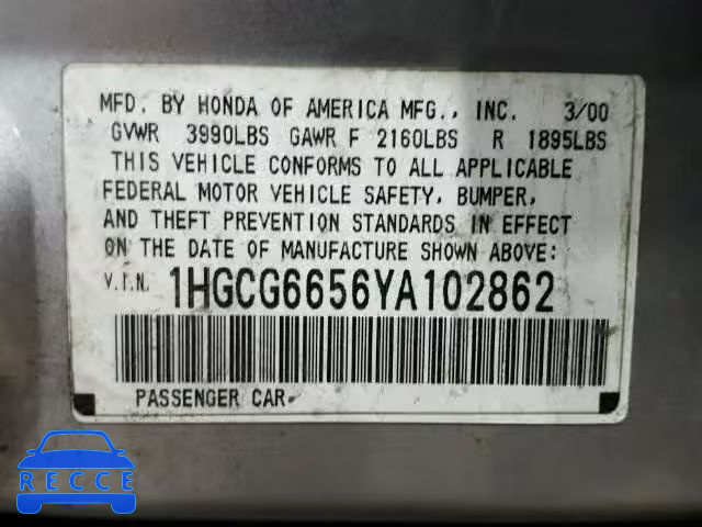 2000 HONDA ACCORD LX 1HGCG6656YA102862 image 9