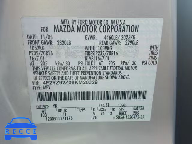 2006 MAZDA TRIBUTE I 4F2YZ92Z06KM20329 image 9