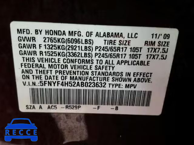 2010 HONDA PILOT EXL 5FNYF4H52AB023632 image 9