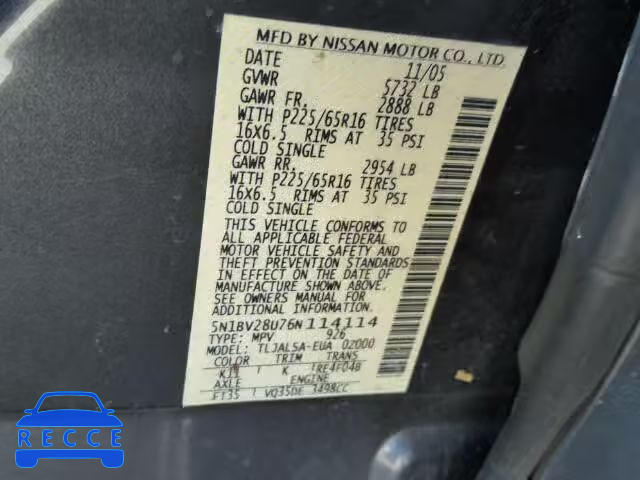 2006 NISSAN QUEST S/SE 5N1BV28U76N114114 image 9